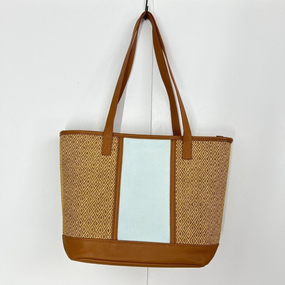 Thirty-One Little Dreamer Natural Straw Light Blue Middle Stripe Summer Tote Bag